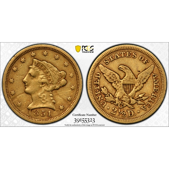 1851 C $2.50 Liberty Head Quarter Eagle Gold PCGS VF Very Fine Details Charlotte  
