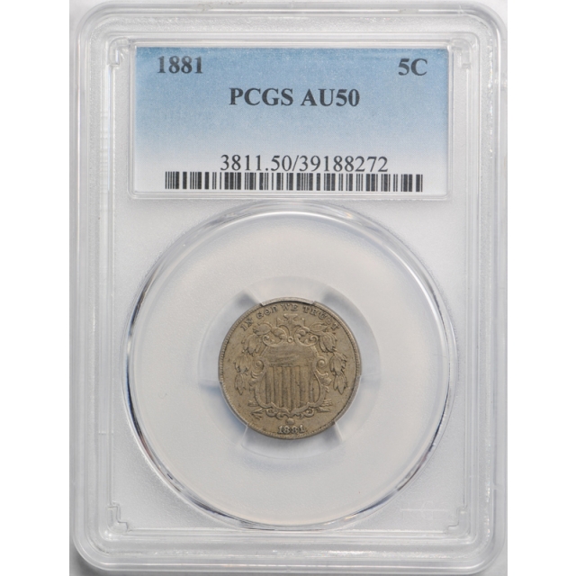 1881 5C Shield Nickel PCGS AU 50 About Uncirculated Key Date Low Mintage