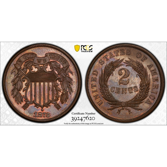 1873 2C Closed 3 Two Cent Piece PCGS PR 64 BN Brown CAC Approved Stunning