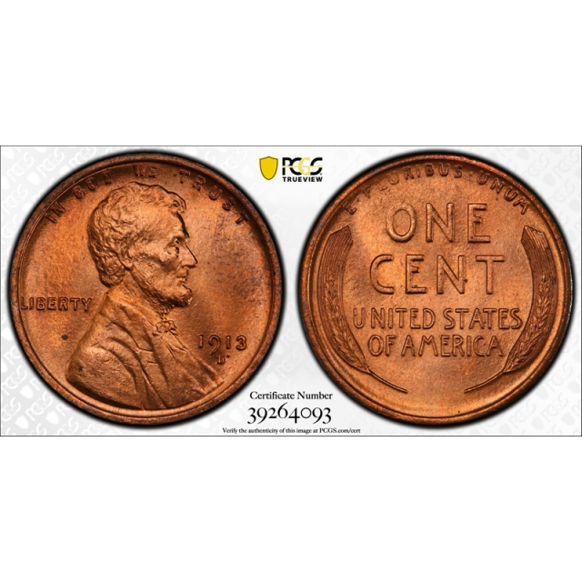 1913 D 1C Lincoln Wheat Cent PCGS MS 66 RD Uncirculated Full Red Blazing Coin 