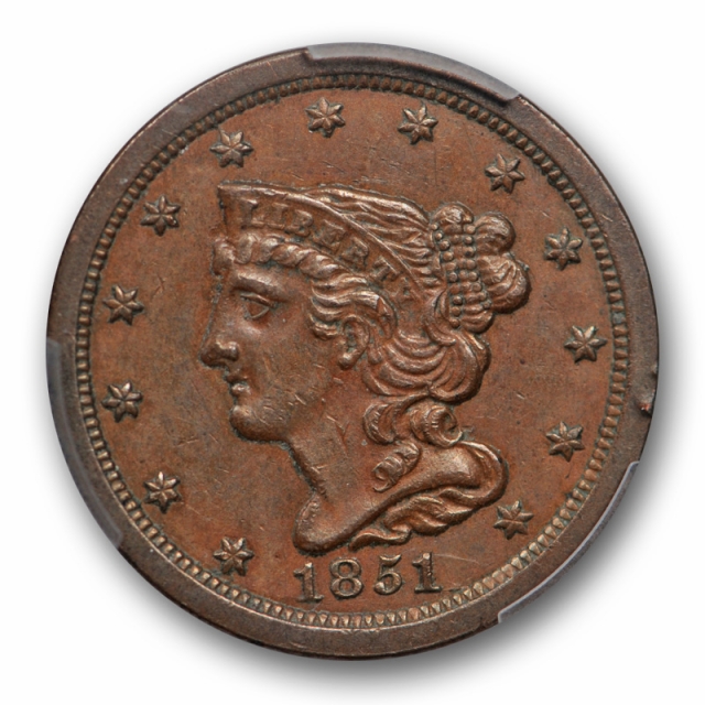 1851 1/2C Braided Hair Half Cent PCGS AU 53 About Uncirculated Original  
