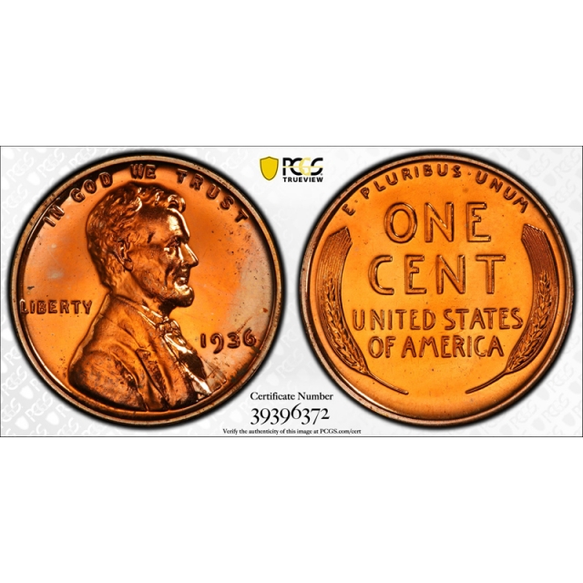 1936 1C Brilliant Proof Lincoln Wheat Cent PCGS PR 65 RD Fully Red Exceptional  