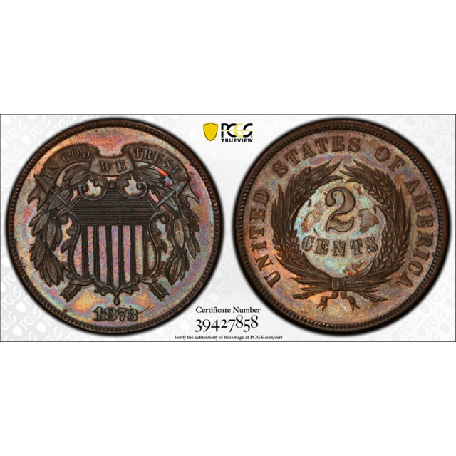 1873 2C Closed 3 Two Cent Piece PCGS PR 63 BN Brown Key Date Proof Only CL 3