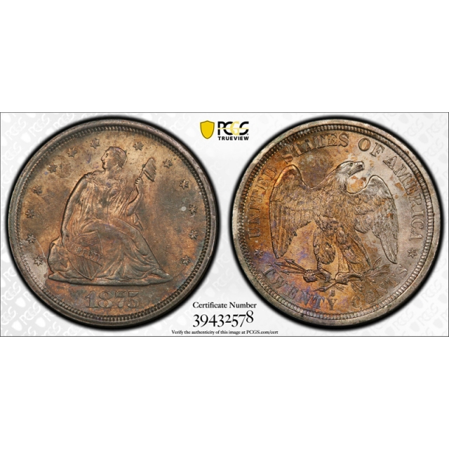 1875 S 20C Twenty Cent Piece PCGS MS 64 Uncirculated Original Toned US Type Coin