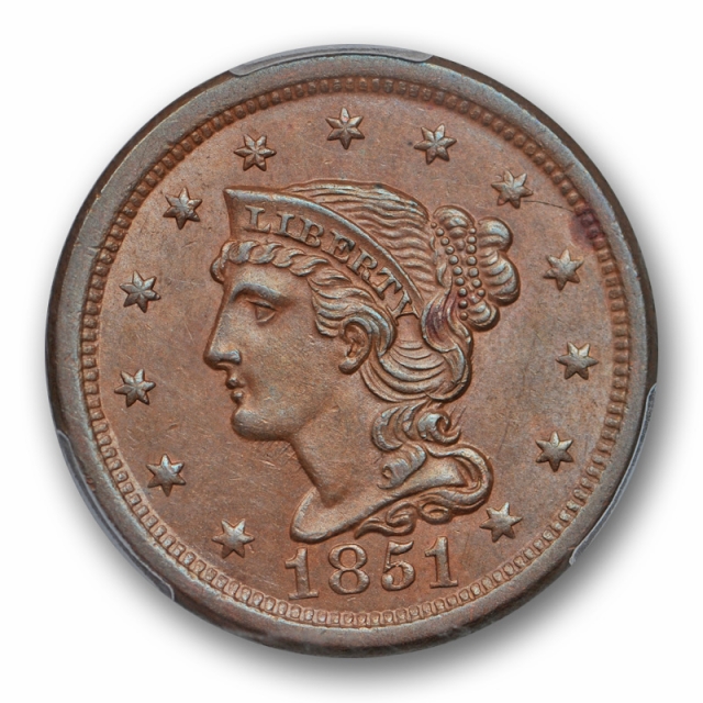 1851 1C Braided Hair Cent PCGS MS 62 BN Uncirculated Brown Sharp Strike 