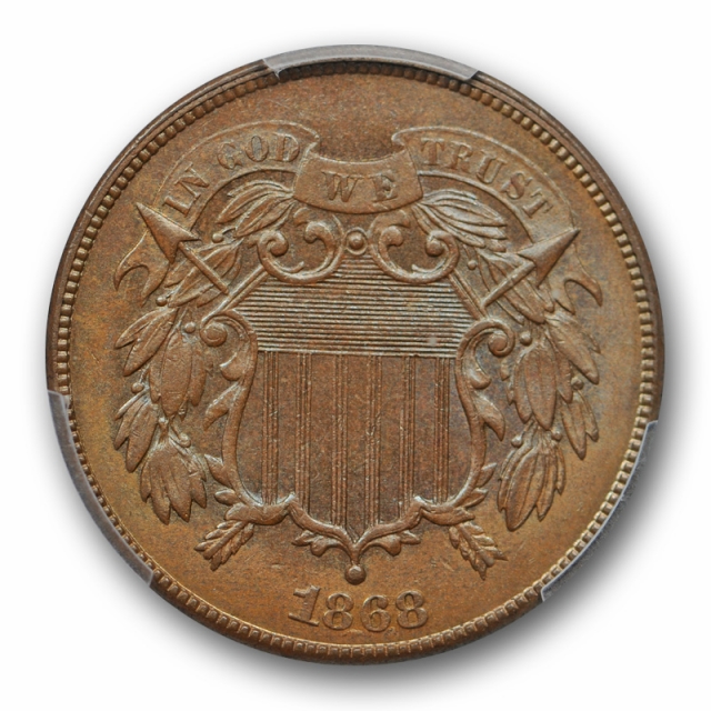 1868 2C Two Cent Piece PCGS MS 63 BN Uncirculated Brown Blue Toned Obverse 