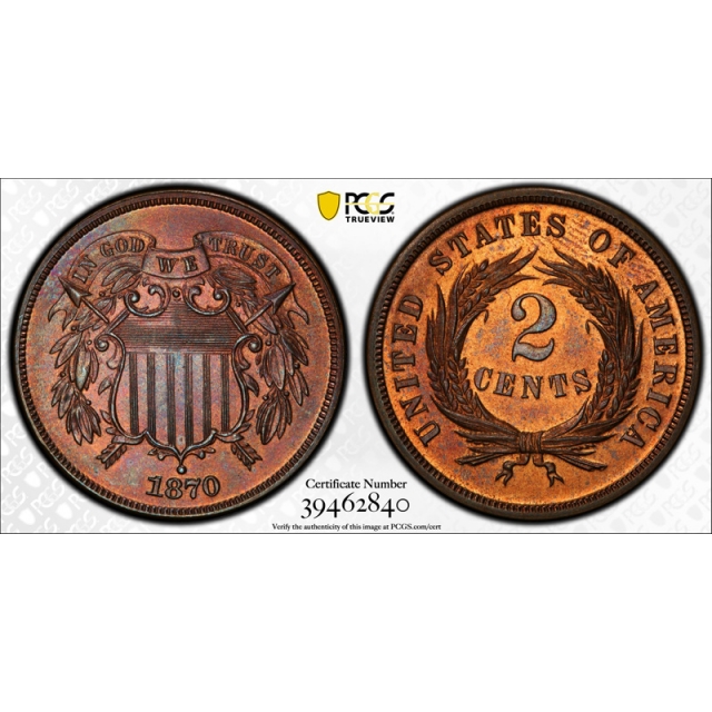 1870 2C Two Cent Piece PCGS PR 64 RB Proof Red Brown Low Mintage Type