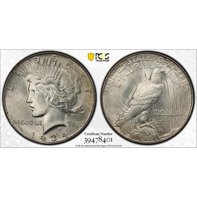 1934 $1 Peace Dollar PCGS MS 65+ Uncirculated Mint State Original Toned Plus Grade