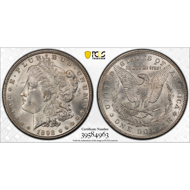 1892 $1 Morgan Dollar PCGS MS 63 Uncirculated Blast White Better Philadelphia Mint Date