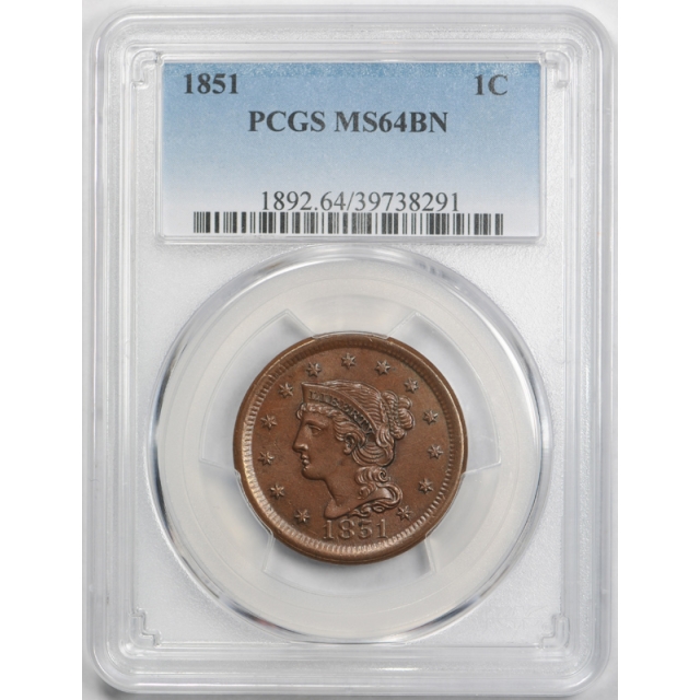 1851 1C Braided Hair Large Cent PCGS MS 64 BN Uncirculated Brown Attractive ! 