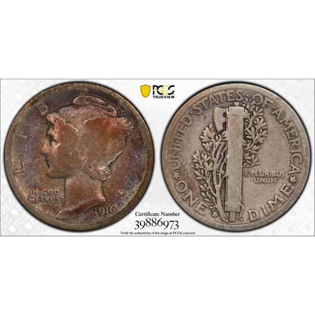 1916 D 10C Mercury Dime PCGS VG 8 Very Good Denver Mint Key Date Toned Cert#6973