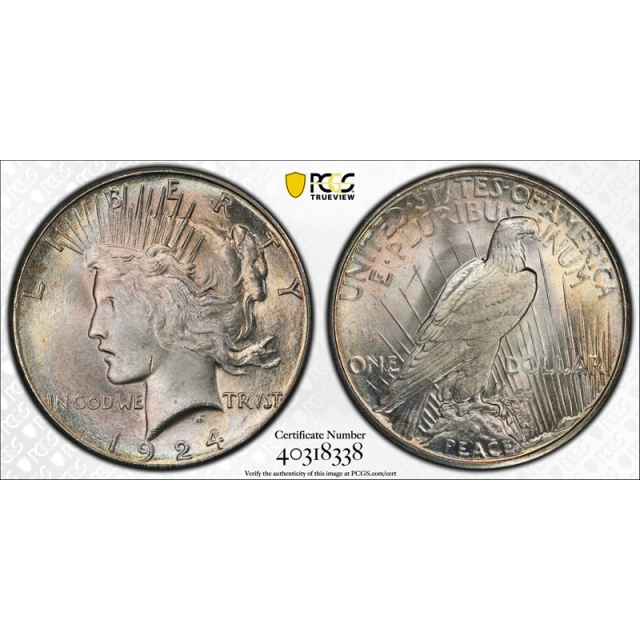 1924 S $1 Peace Dollar PCGS MS 64+ Uncirculated Better Date Toned Nice ! 