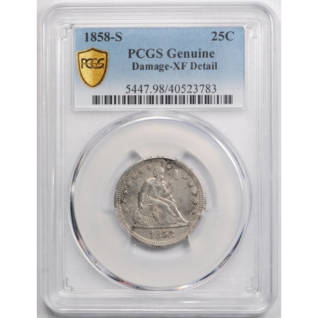 1858 S 25C Seated Liberty Quarter PCGS XF Extra Fine Details Damaged Key Date Coin