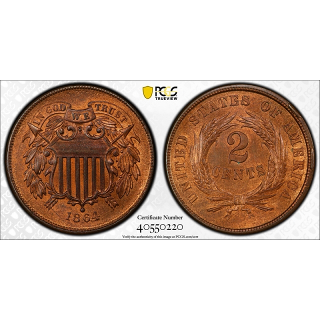 1864 2C Large Motto Two Cent Piece PCGS MS 65 RB Uncirculated Red Brown Exceptional 