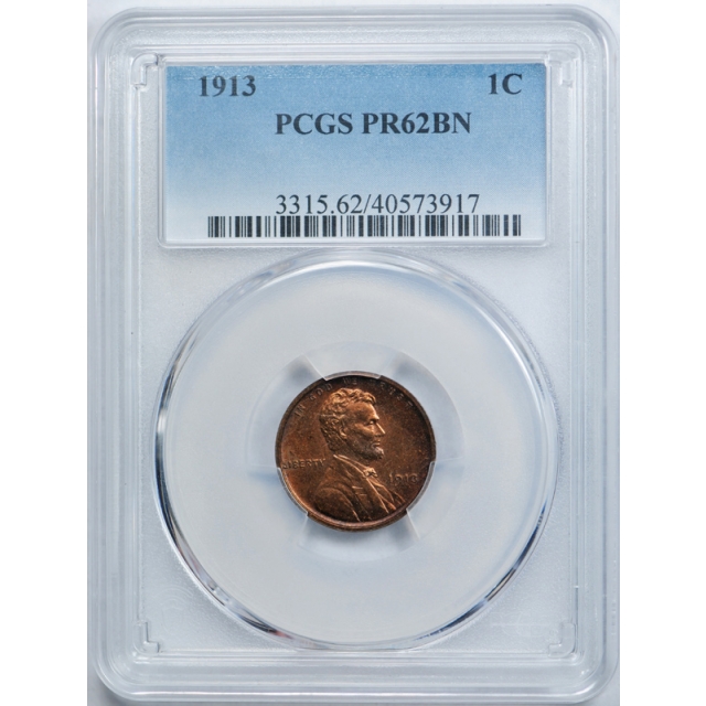 1913 1C Proof Lincoln Wheat Cent PCGS PR 62 BN Looks Red Brown Low Mintage ! 