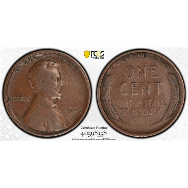 1909 S VDB 1C Lincoln Wheat Cent PCGS F 15 Fine to Very Fine CAC Approved !
