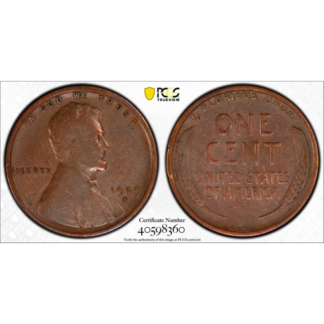 1909 S VDB 1C Lincoln Wheat Cent PCGS F 15 Fine to Very Fine Key Date Cert#8360