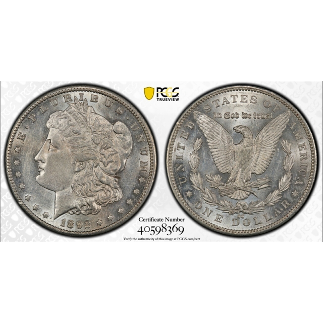 1892 CC $1 Morgan Dollar PCGS AU 55 About Uncirculated to MS Carson City Mint Cert#8369