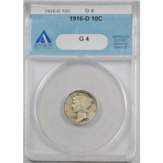 1916 D 10C Mercury Dime ANACS G 4 Good Denver Mint Key Date Strong Detail Tough!