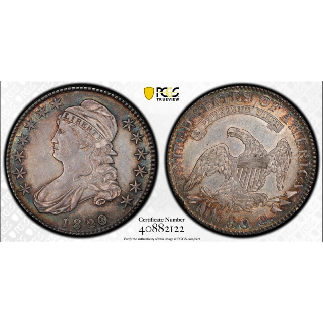 1820/19 50C Curl Base 2 Capped Bust Half Dollar PCGS AU 50 About Uncirculated Toned !