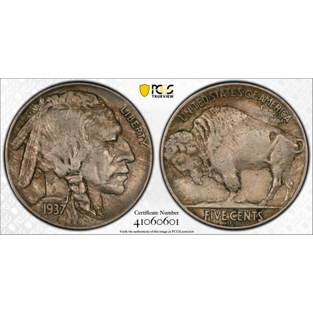 1937 D 5C 3 Legs Buffalo Head Nickel PCGS XF 45 Extra Fine to About Uncirculated 