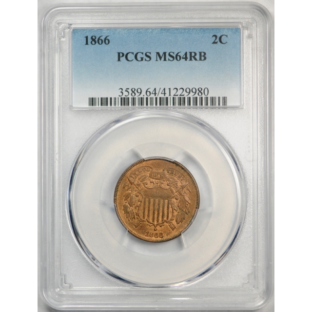 1866 2C Two Cent Piece PCGS MS 64 RB Uncirculated Red Brown US Type Coin