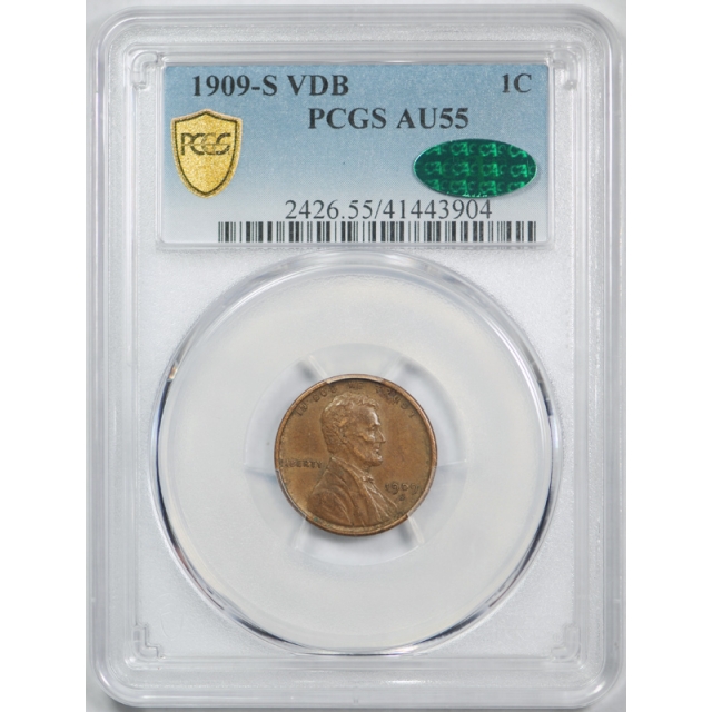 1909 S VDB 1C Lincoln Wheat Cent PCGS AU 55 CAC About Uncirculated Cert#3904