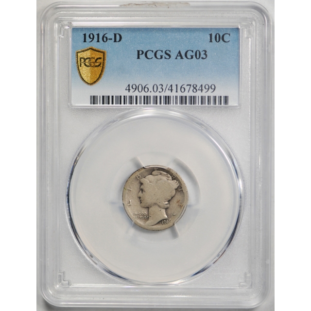 1916 D 10C Mercury Dime PCGS AG 3 About Good Key Date Denver Mint Original !