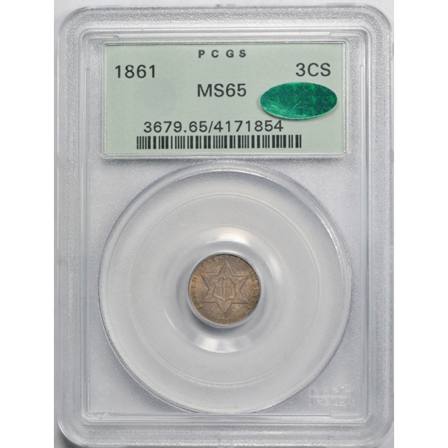 1861 3CS Three Cent Silver PCGS MS 65 Uncirculated CAC Approved OGH Old Holder
