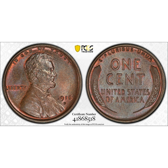 1916 D 1C Lincoln Wheat Cent PCGS MS 64 BN Uncirculated Exceptional !  