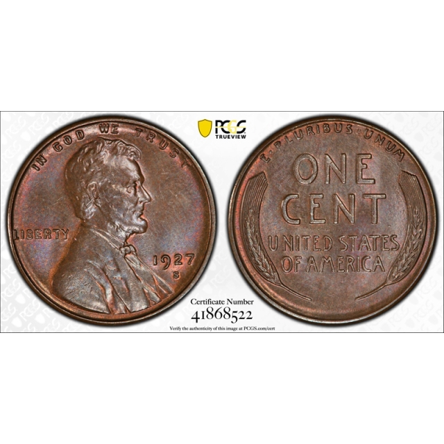 1927 S 1C Lincoln Wheat Cent PCGS MS 64 BN Uncirculated Brown Tough Date !