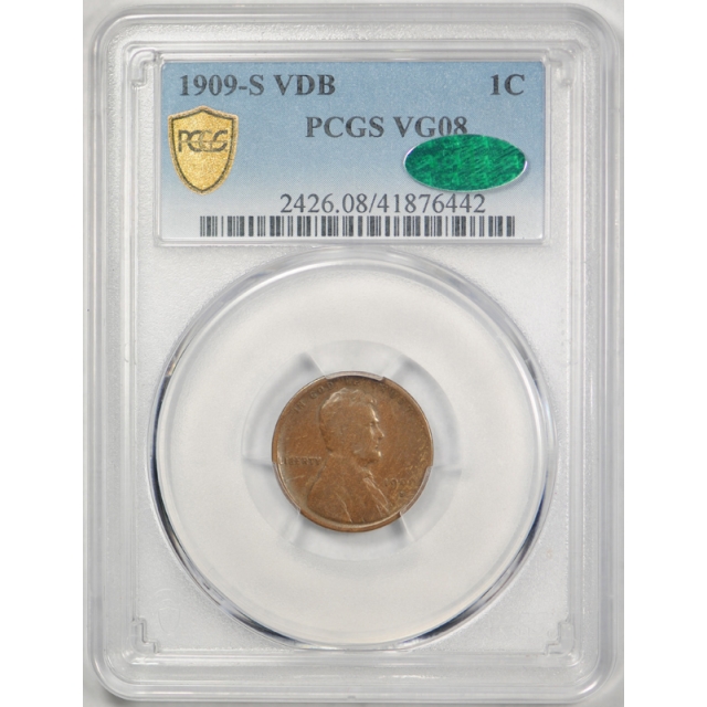 1909 S VDB 1C Lincoln Wheat Cent PCGS VG 8 CAC Approved Key Date Original Coin