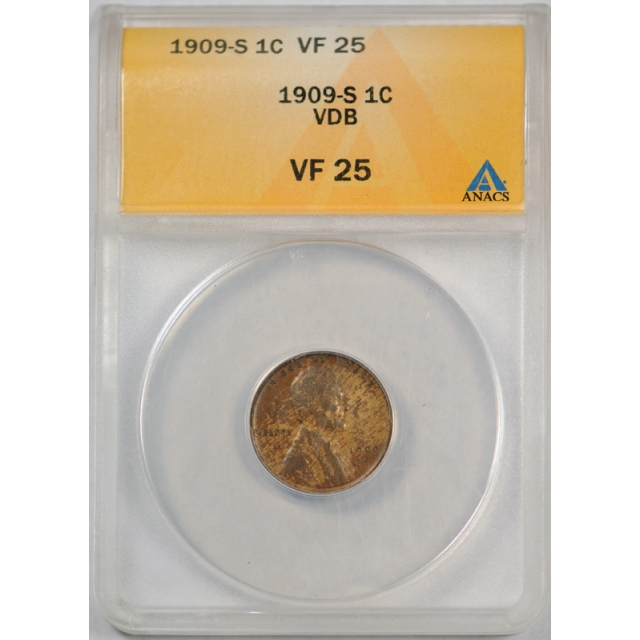 1909 S VDB 1c Lincoln Wheat Cent ANACS VF 25 Very Fine to Extra Fine Key Date Toned