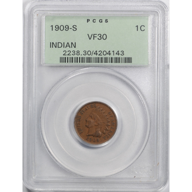 1909 S 1C Indian Head Cent PCGS VF 30 Very Fine to Extra Fine OGH Old Holder