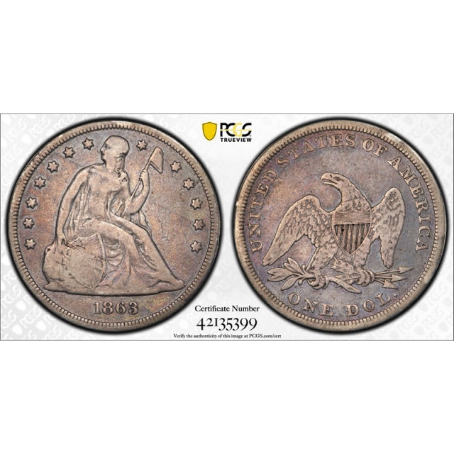 1863 $1 Seated Liberty Dollar PCGS VG 10 Very Good to Fine Key Date Tough !