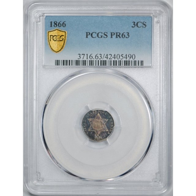 1866 3CS Three Cent Silver Piece Proof PCGS PR 63 Key Date Purple Toned ! 