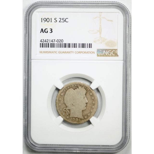 1901 S 25c Barber Quarter NGC AG 3 About Good Key Date San Francisco Mint Tough