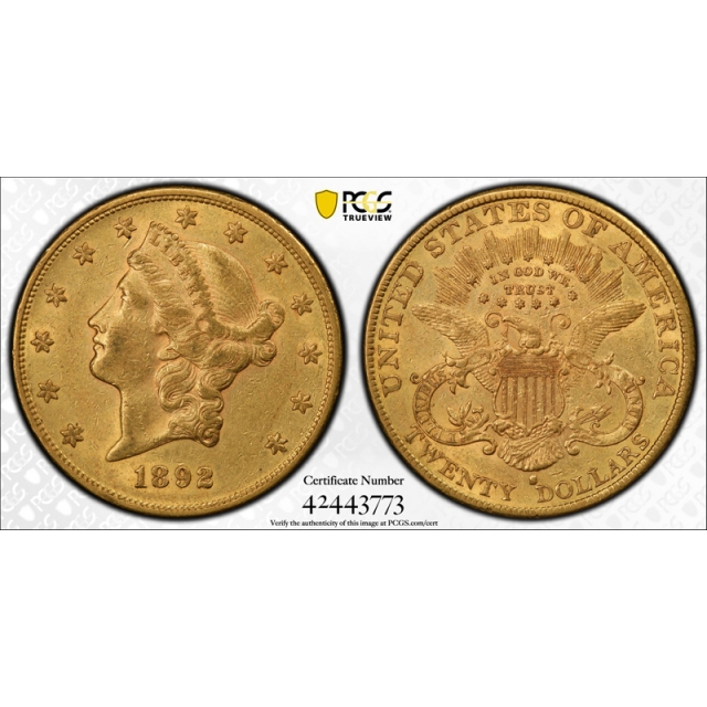 1892 S $20 Liberty Head Double Eagle Gold PCGS AU 50 About Unciculated