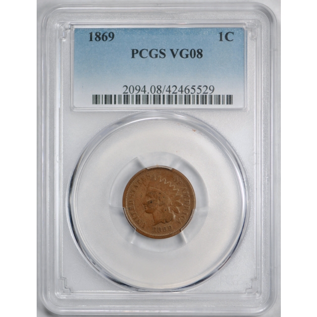 1869/69 1C Indian Head Cent PCGS VG 8 Very Good Repunched Date S 4 1869 Variety 