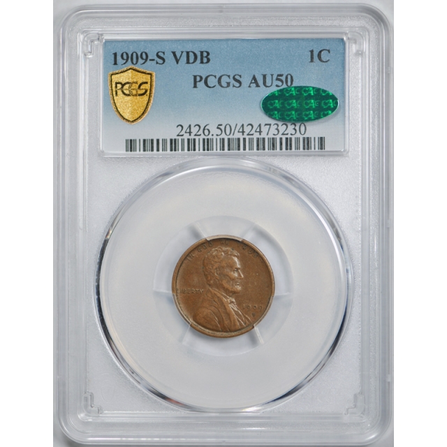 1909 S VDB 1C Lincoln Wheat Cent PCGS AU 50 CAC Approved About Uncirculated 