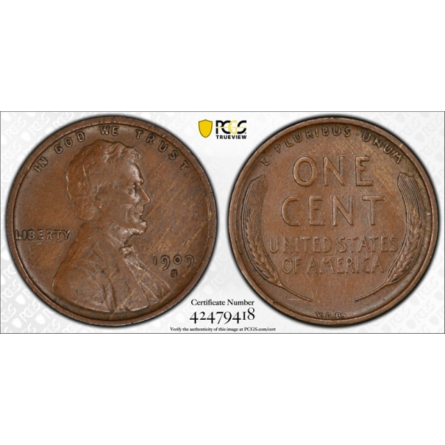 1909 S VDB 1C Lincoln Wheat Cent PCGS VF 35 Very Fine to Extra Fine Key Date