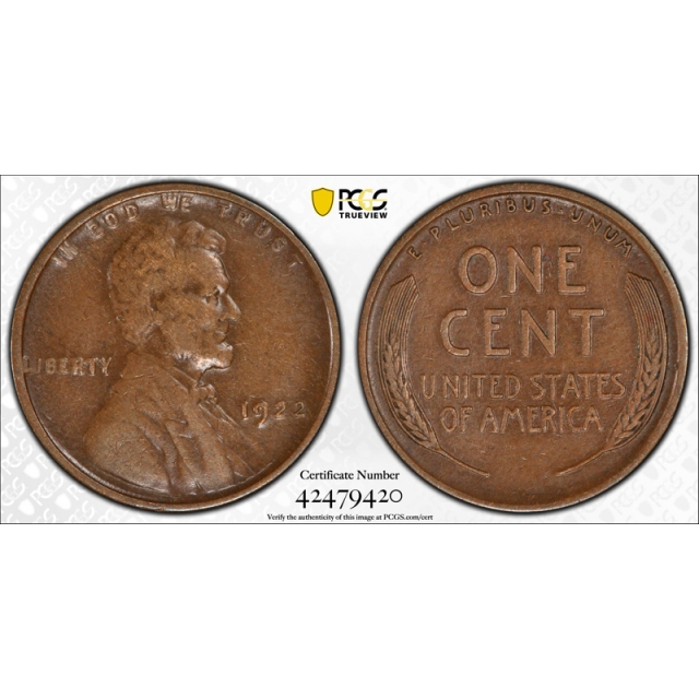 1922 No D 1C Strong Reverse Lincoln Wheat Cent PCGS XF 45 Extra Fine CAC Approved