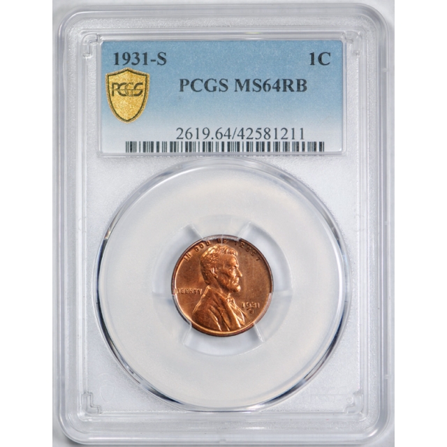 1931 S 1C Lincoln Wheat Cent PCGS MS 64 RB Key Date Looks Full Red & Better ! 