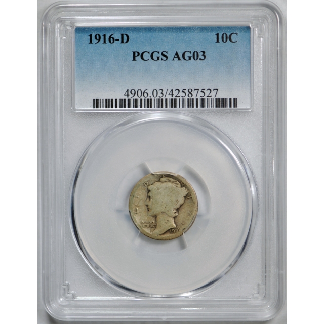 1916 D 10C Mercury Dime PCGS AG 3 About Good Denver Mint Key Date Original !
