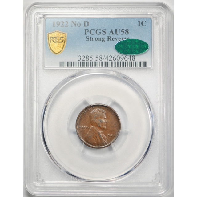 1922 1c No D Strong Reverse Lincoln Wheat Cent PCGS AU 58 CAC Approved Looks UNC ! 