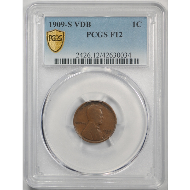 1909 S VDB 1C Lincoln Wheat Cent PCGS F 12 Fine Chocolate Brown Key Date ! 