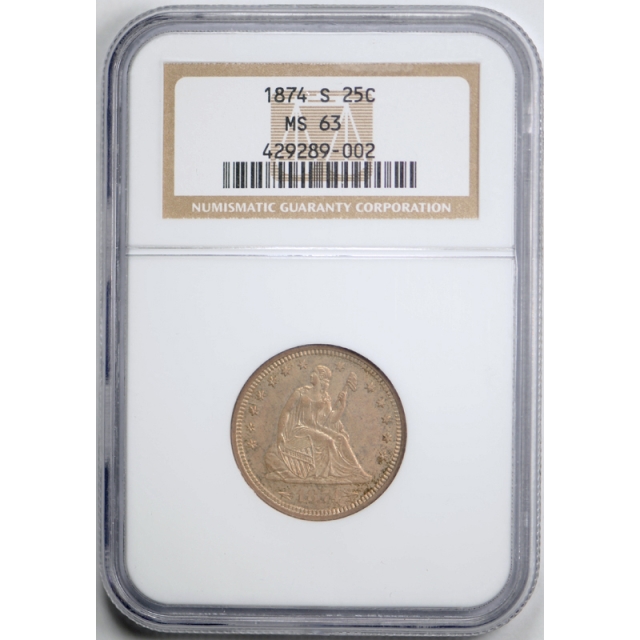 1874 S 25c Seated Liberty Quarter NGC MS 63 Uncirculated With Arrows Original 