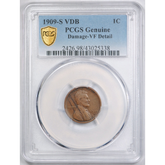 1909 S VDB 1C Lincoln Wheat Cent PCGS VF Very Fine Details (Damaged) Key Date 