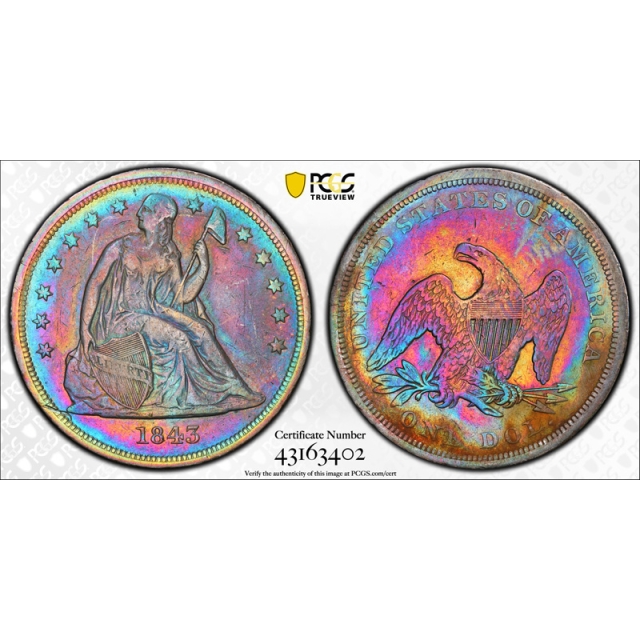 1843 $1 Seated Liberty Dollar PCGS XF Extra Fine Details Crazy Colorful Toned Unique 