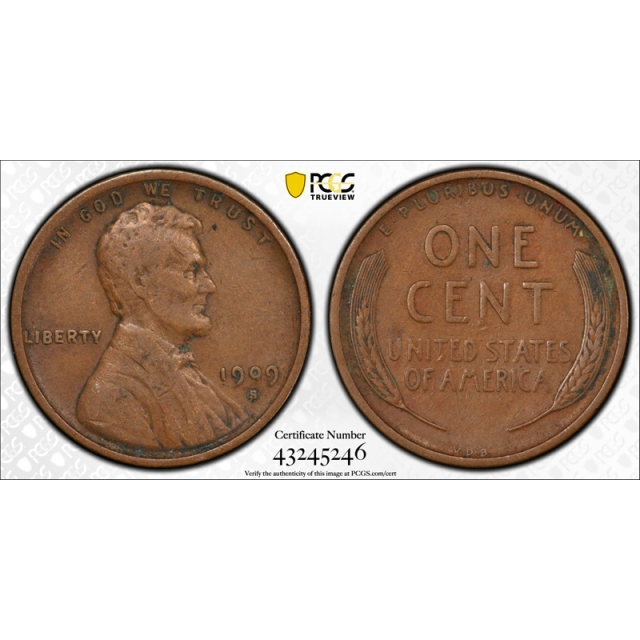 1909 S VDB 1C Lincoln Wheat Cent PCGS VF 30 Very Fine to Extra Fine SVDB Key Date Coin